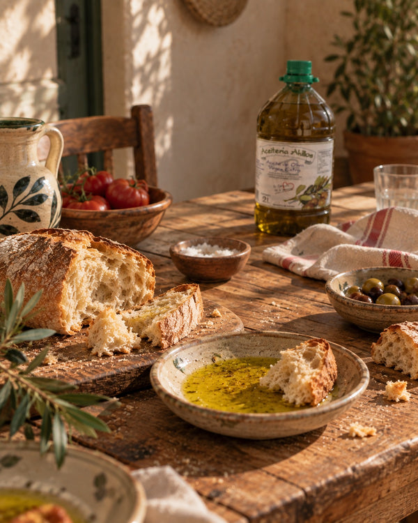Aceite de Aceitería Ahillos servido en una mesa con pan y aceitunas