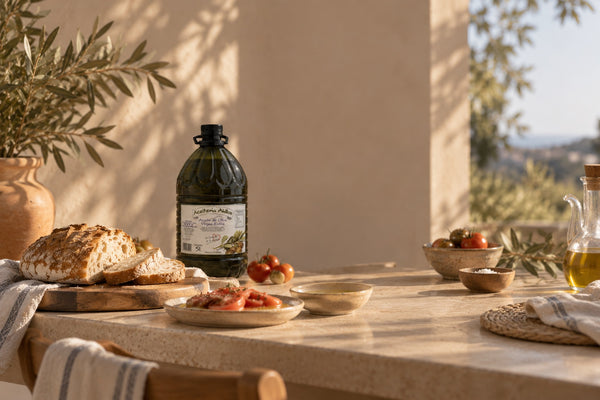 Aceite de Aceitería Ahillos 5L servido en una mesa con pan y tomates